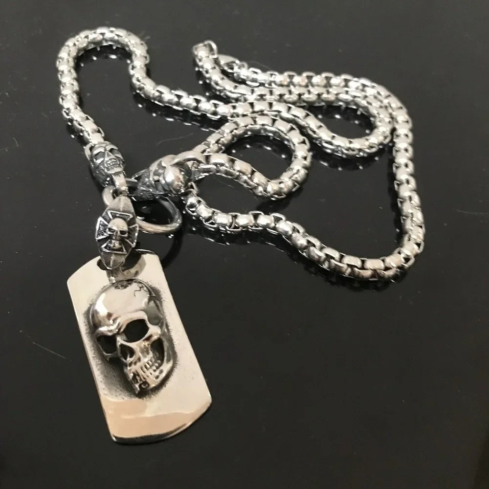 Skull Necklace Pendant Chain Biker Silver Rock Mans Moto Gothic Motorcycle - Picture 2 of 7